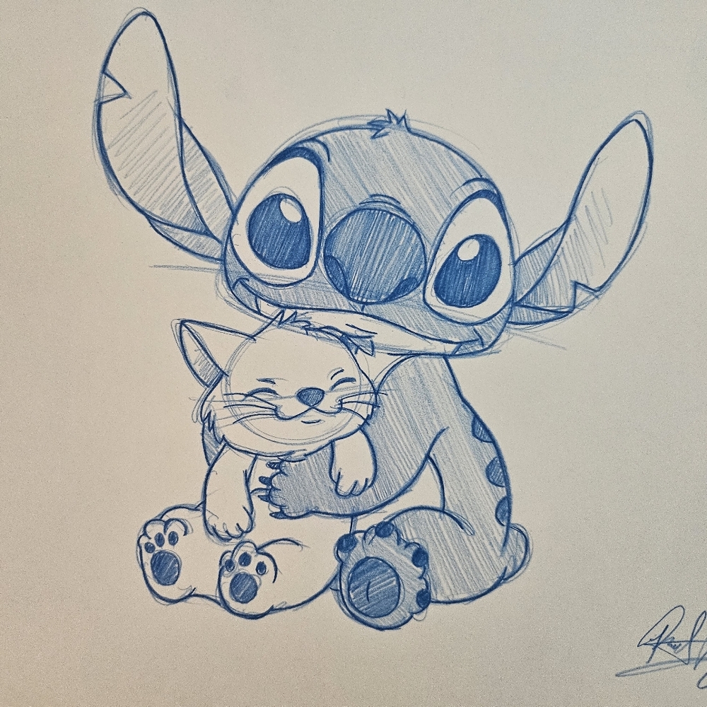 Disney Lilo And Stitch Hugging a Cat Drawing/Sketch Animation Art Signed - Picture 1 of 6